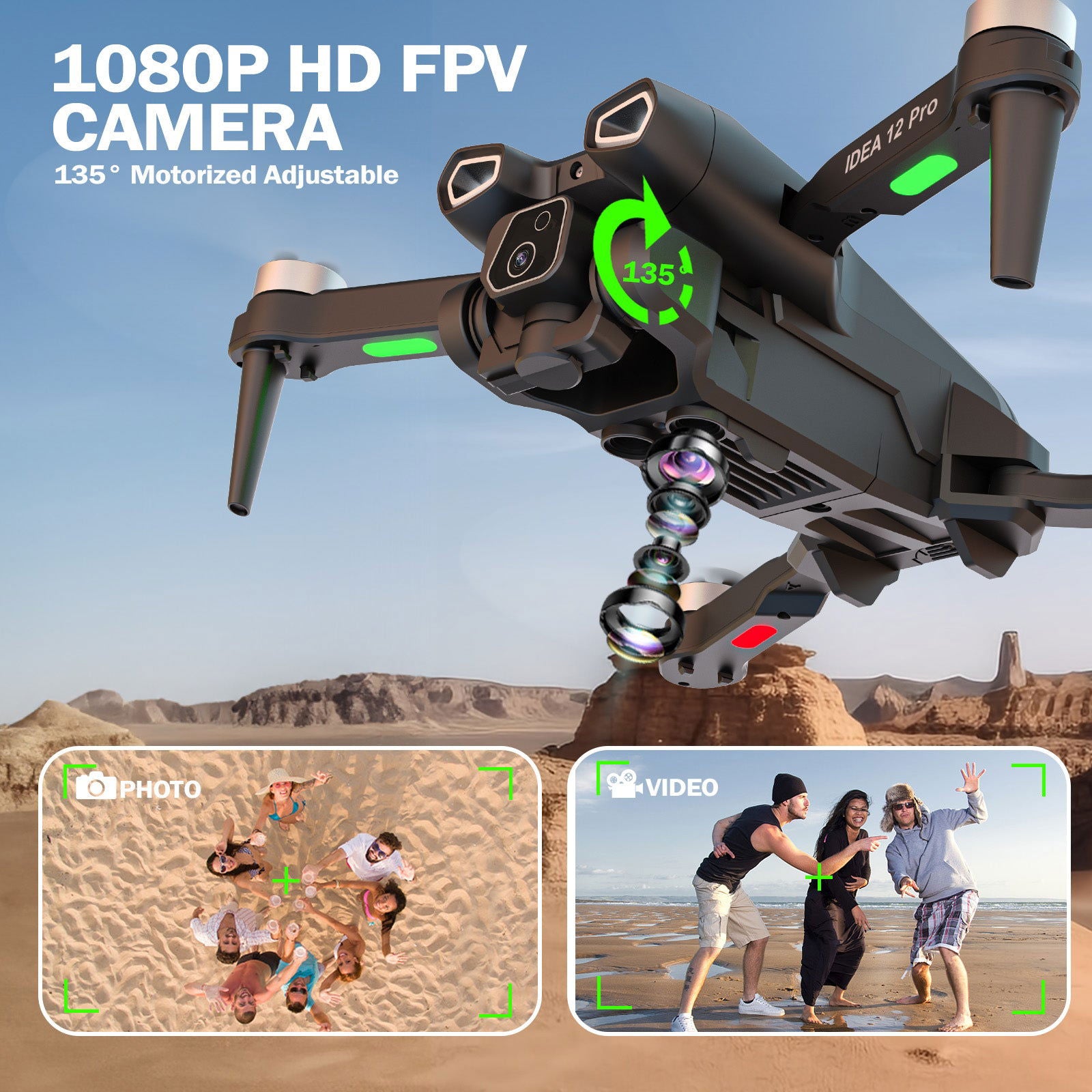 12PRO Drones with Camera Brushless Motor Drone for Beginners and Adults with Motorised Adjustable 135° Camera 1080P HD 2 Cameras Drones 5G WIFI FPV RC Foldable Quadcopter Altitude Hold 2 Batteries - le-idea