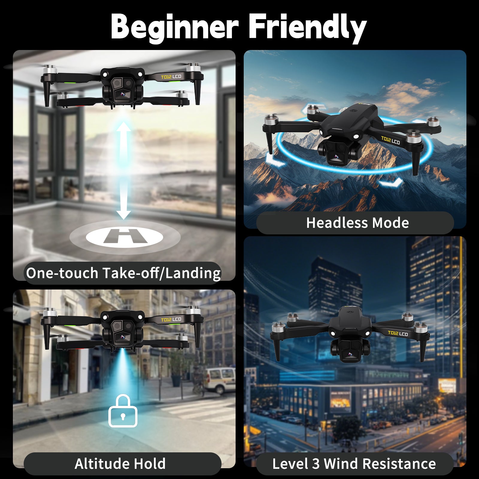 Toladrone TD12 LCD Drone – Brushless Motor, Optical Flow, FPV Camera, RC Quadcopter, 32G SD Support