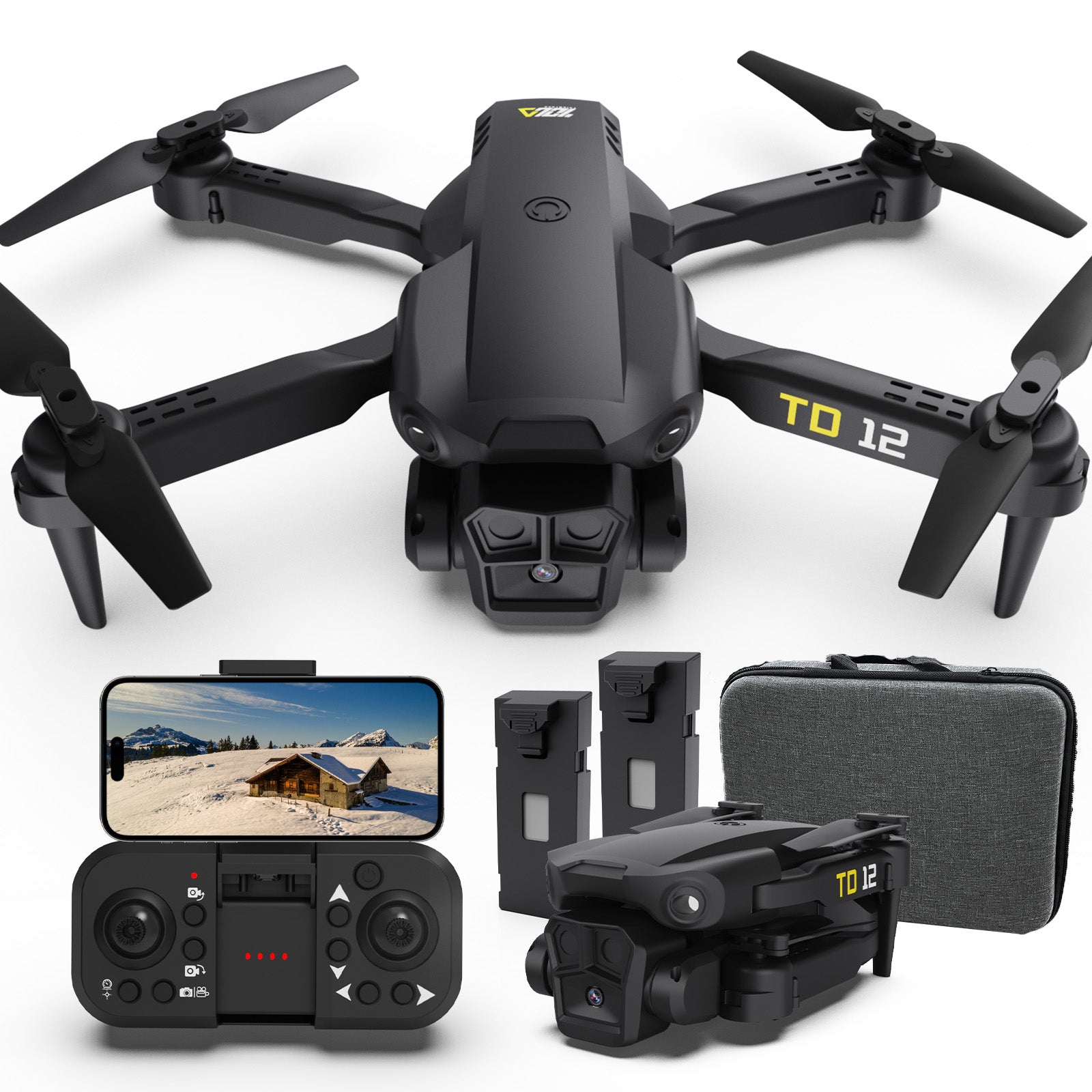 Toladrone TD12 Drone with ESC Camera, 5GHz WiFi, Foldable Mini FPV Quadcopter, Headless Mode, 2 Batteries, Great for Beginners & Kids