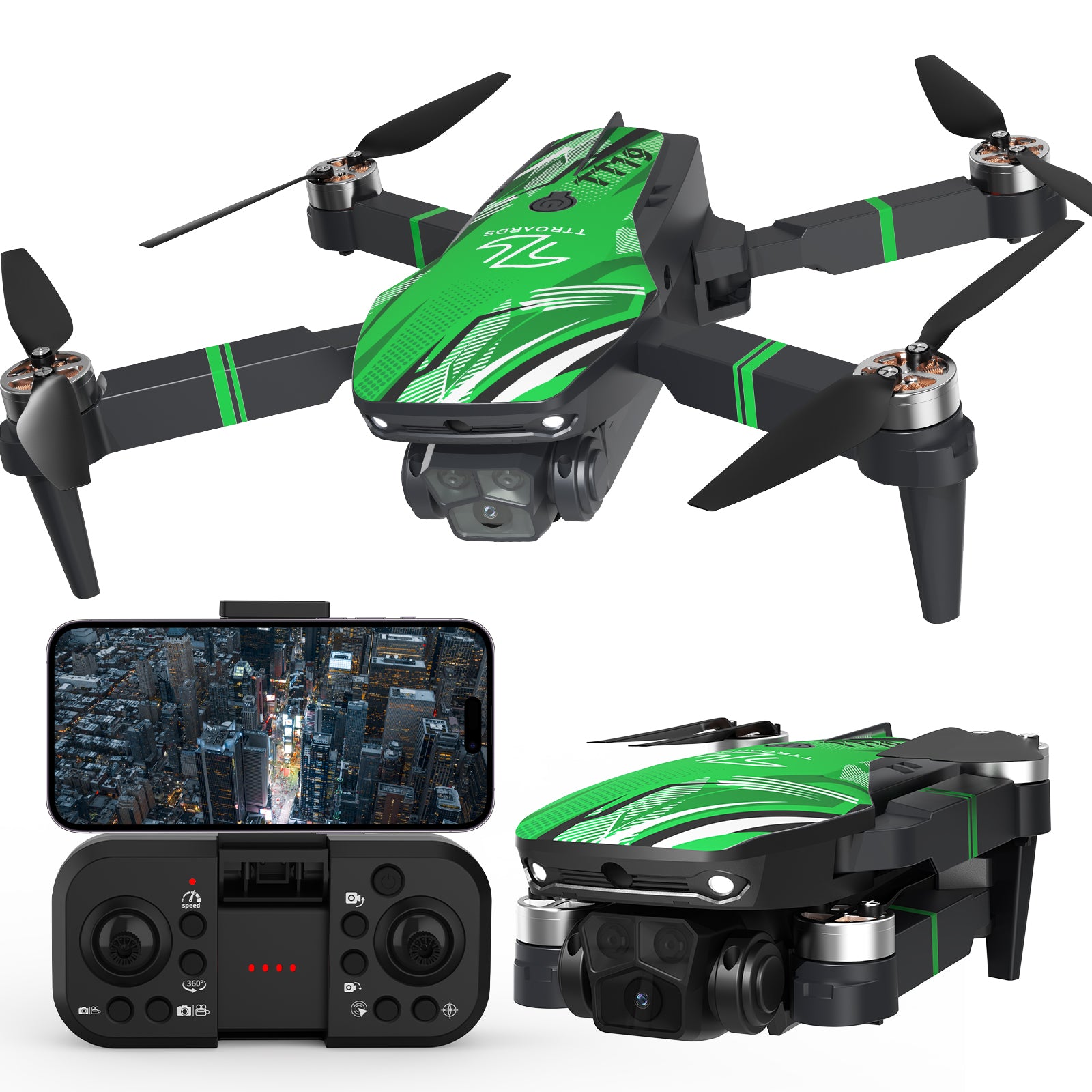TTROARDS TT19 4K Camera Drone for Adults, Foldable Brushless Quadcopter with 270° Obstacle Avoidance, Optical Flow, Level 3 Wind Resistance – Green