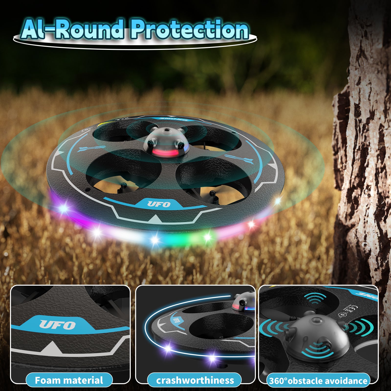 Tolatoyus IDEA17 UFO Drone for Beginners: Adjustable Obstacle Avoidance, Dual Batteries & Light Show